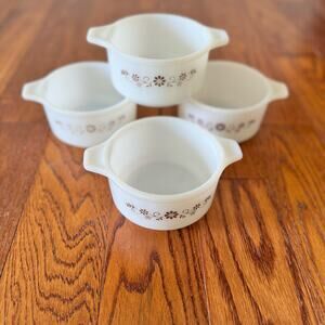 Dynaware Pyr-O-Rey Vintage Milk Glass Brown Daisy Casserole Bowl Dish Set of 4